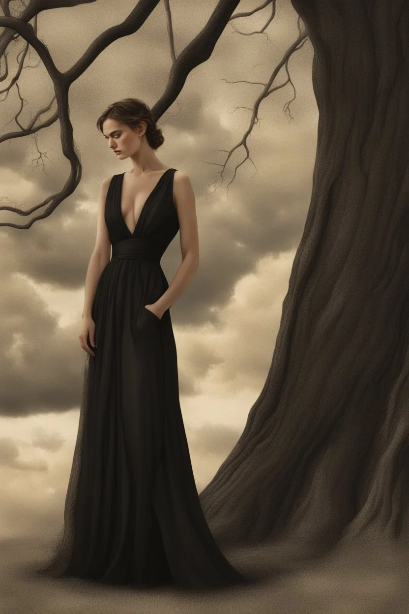 Wednesday in a low-cut black gown standing under a black tree, photorealistic, delicate detail.