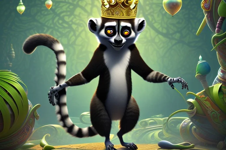 surreal, vibrant digital artwork featuring king Julien the lemur dancing with his tail held up high, with intricate abstract patterns and motifs swirling around them. striking facial features, wearing a crown made of skulls. dancing to "you gota to move it" in Disney style Madagascar