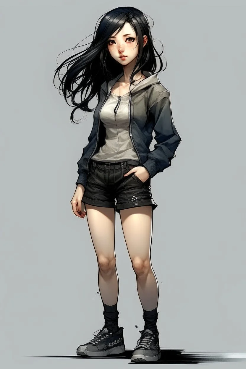 pretty girl, aged 15, black hair, conventionally attractive, full body, sporty, lean, dystopia