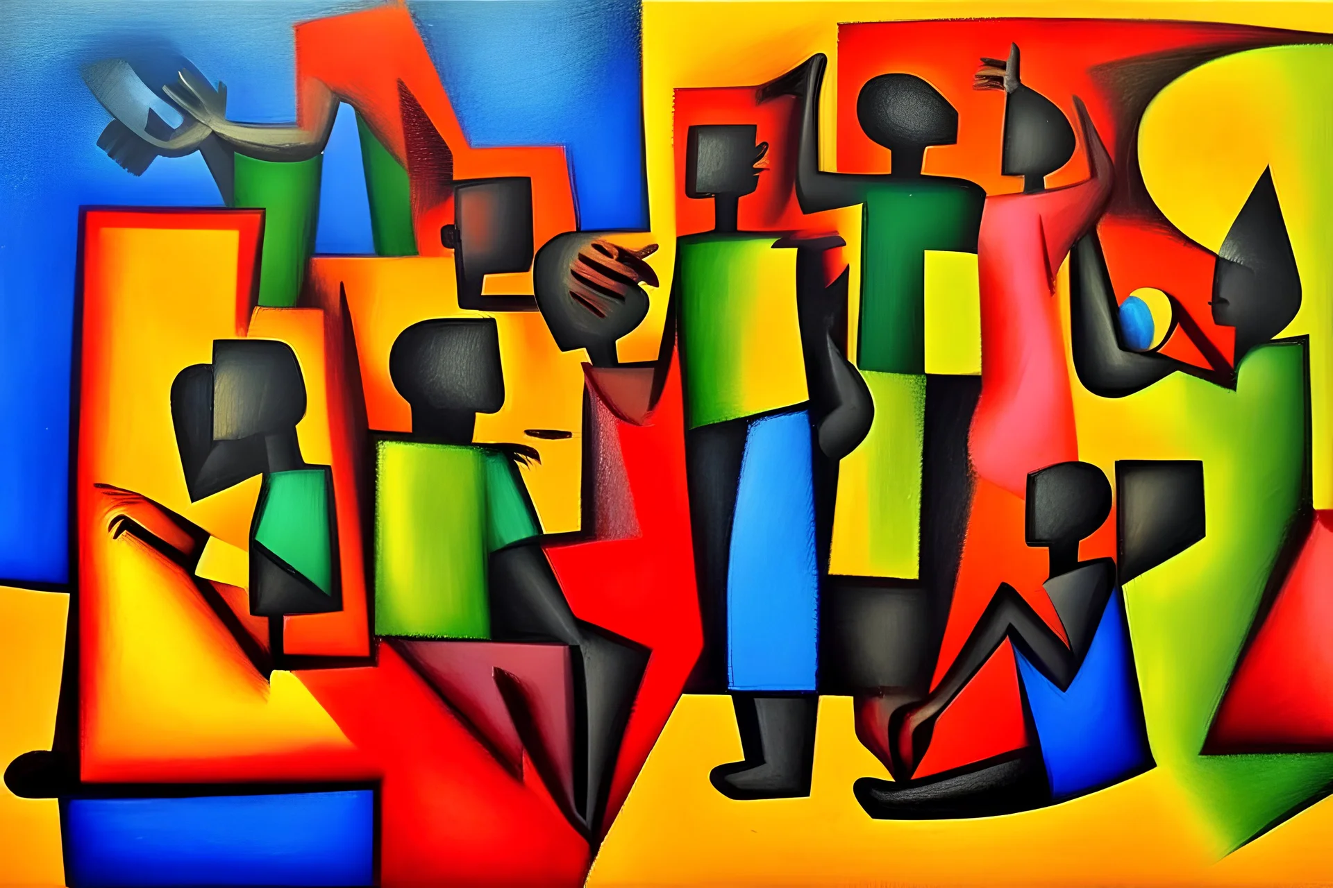 Cubism, oil painting, african celebrations, love, support, happy, warmth, hart, togetherness, family, sharing