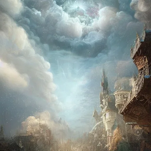 Insanely detailed photograph of an “sky opening up to heaven” with intricate detauled clouds, intricate embroidered band of stars, hyperdetailed painting by Ismail Inceoglu Huang Guangjian and Dan Witz CGSociety ZBrush Central fantasy art album cover art,8K, hdr, romantic, mysterious, ominous, flowers, jewelry, steam,oil,cafe,street vendor,steamship,D&D