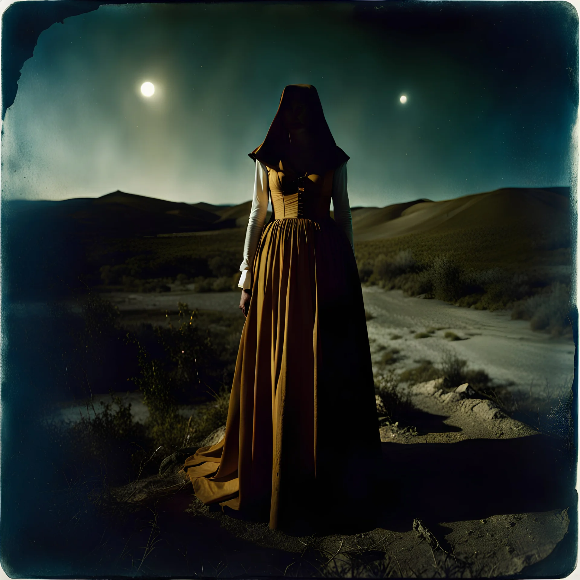 Photorealistic polaroid nothingness, wooden void, wasteland night Max Ernst Hieronymus Bosch, volumetric light, shot on Hasselblad, movie shot, details of the dress accentuated, nightmare, hypermaximalist