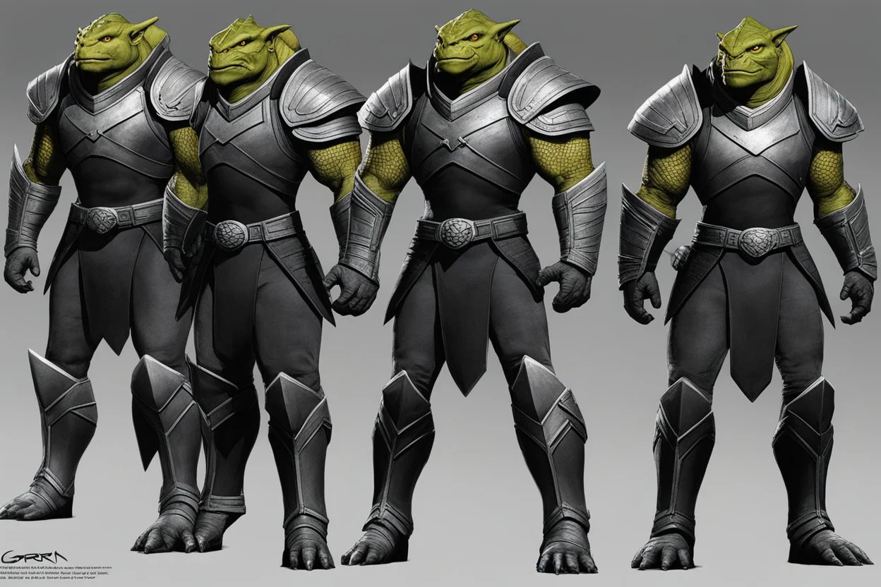 (Star Trek Lore) a Gorn aggressive warrior with his traditional equipment ## Layout & Perspectives Arrange strictly from left to right in the order of “front, side (either left or right), back” horizontally. The character's height, head-to-body ratio, shoulder width, and other skeletal proportions must be perfectly aligned horizontally across all three views, with strictly consistent sizing. ## Character Consistency Across all perspectives, the character's face shape, facial features, hai