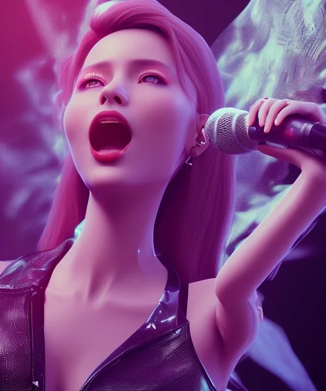 female singer at concert with crowd cheering, unreal 5, volumetric details, hyper realism