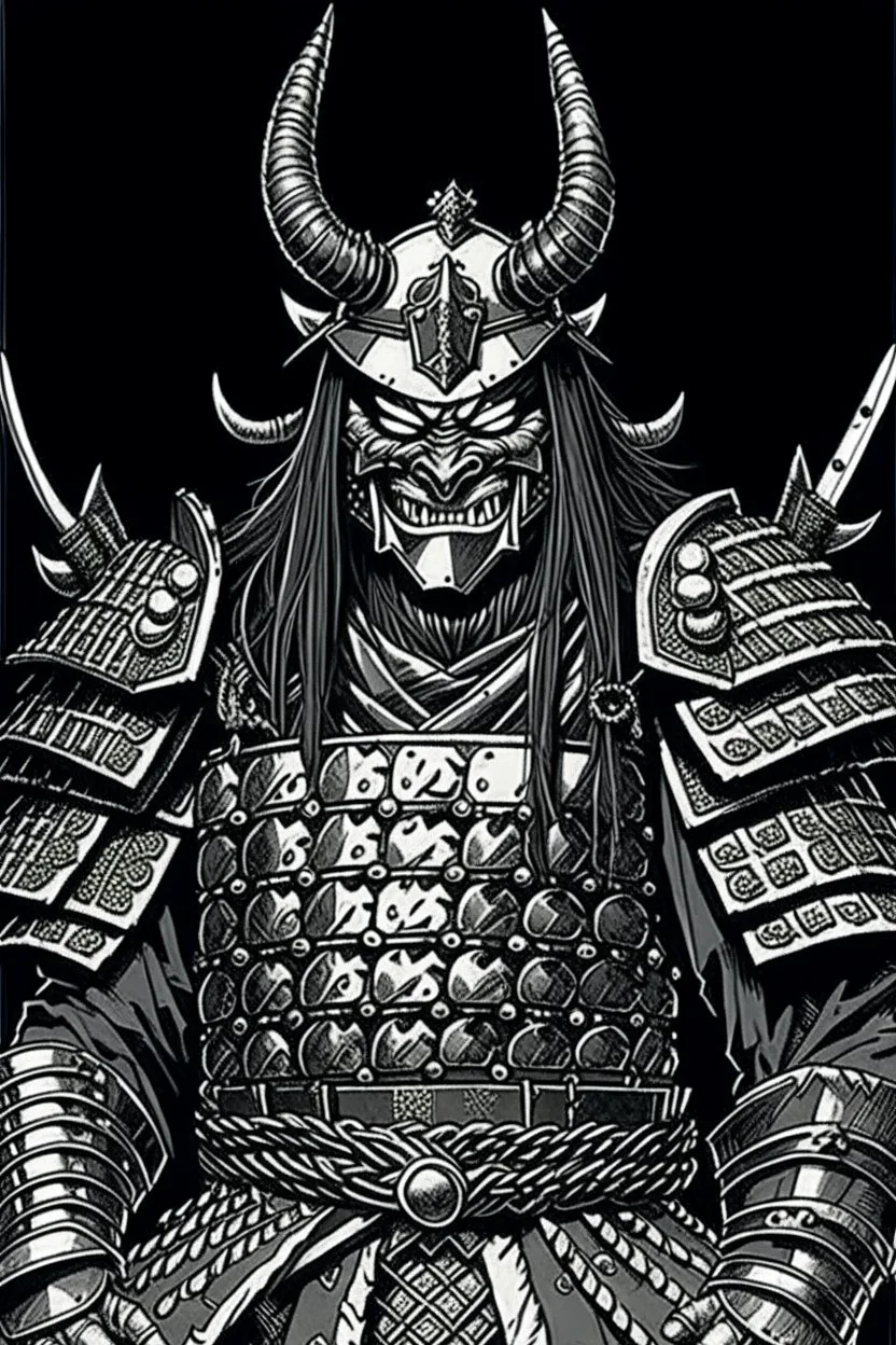 Armoured Samurai with oni mask ,manga, from 1980 dark fantasy, style by Kentaro Miura