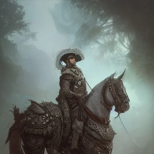 Insanely detailed photograph of an “portrait of a D&D Echo knight ” with worn Sombrero, handsome charo, mustachioed clear face and hyperdetailed painting by Ismail Inceoglu Huang Guangjian and Dan Witz CGSociety ZBrush Central fantasy art album cover art,8K, hdr, mysterious, ominous, cigar smoke, brave