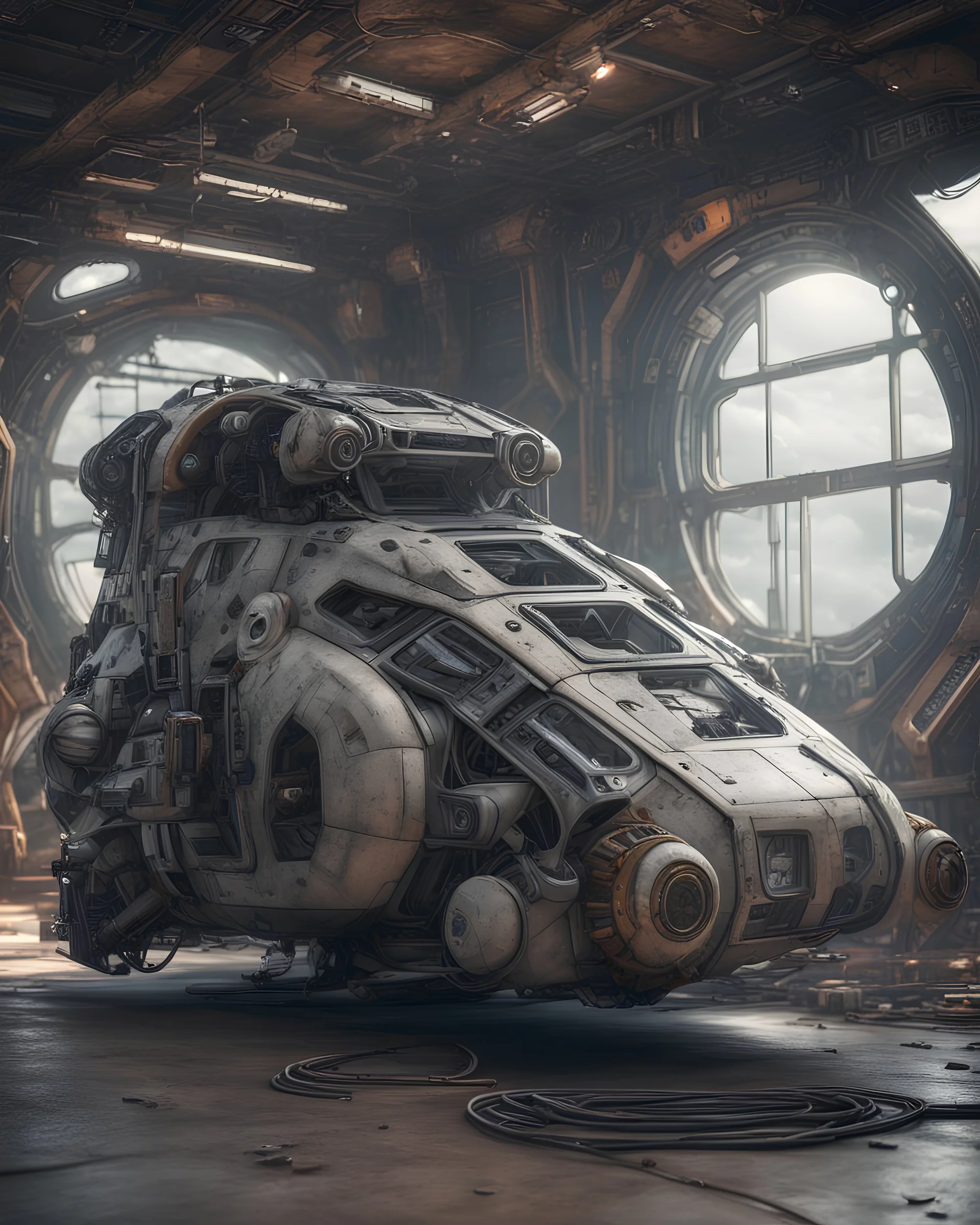 Futuristic vehicle scifi sitting inside covered with front gull door body made with engine parts and wires dysoptia cyberage HAWKEN postapocalyptic dysoptia scene photorealistic uhd 8k VRAY highly detailed HDR