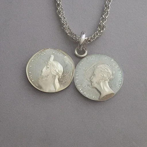 pendant in a form of two conjoined silver coins, watercolor, large strokes, illustration, fantasy