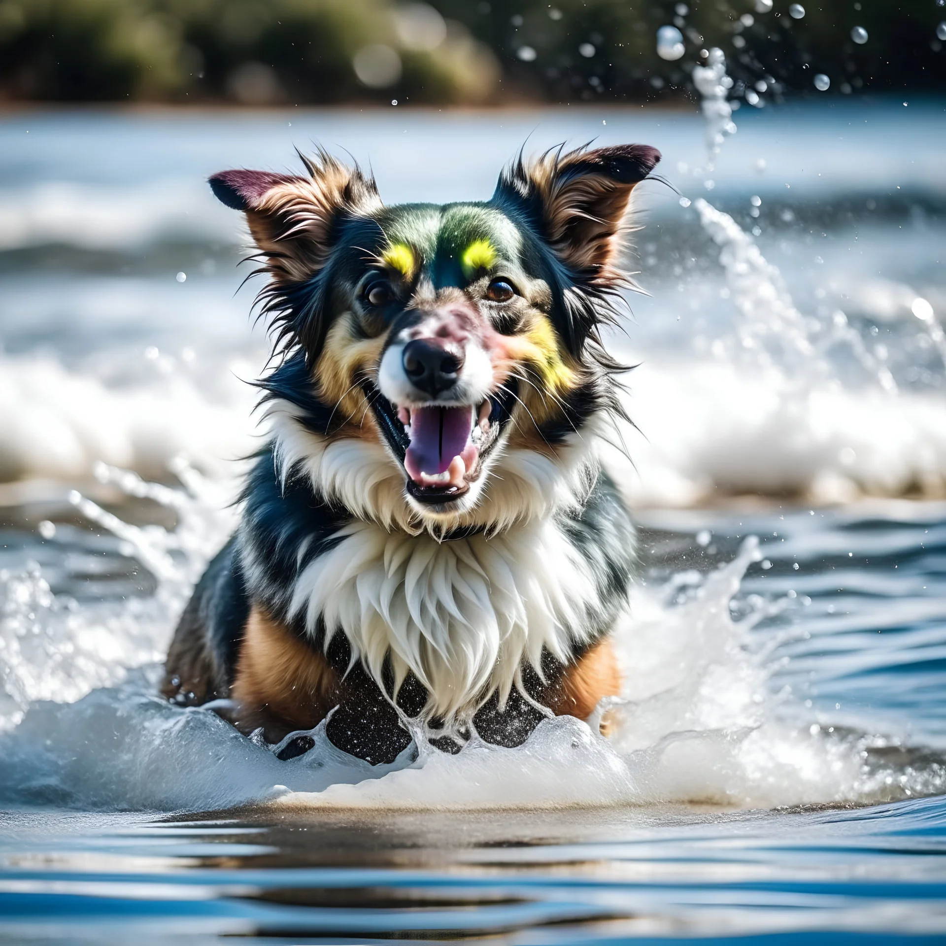 happy dog on the surfboard with water splash