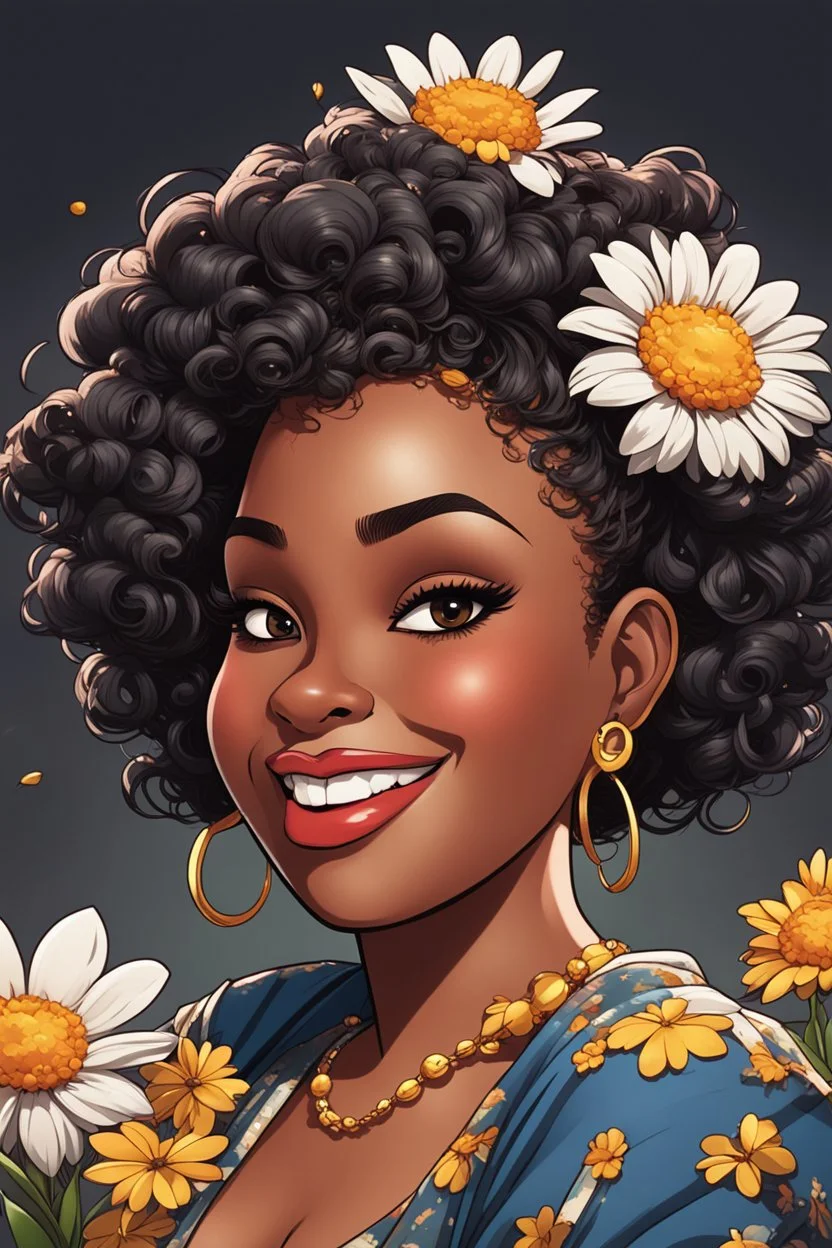 Create a comic book cartoon art style image of a curvy black female looking down with a smile on her face. Prominent makeup with hazel eyes. Highly detailed messy curly bun with a hair scarf tied on her head with large daisy flowers surrounding her. 2k