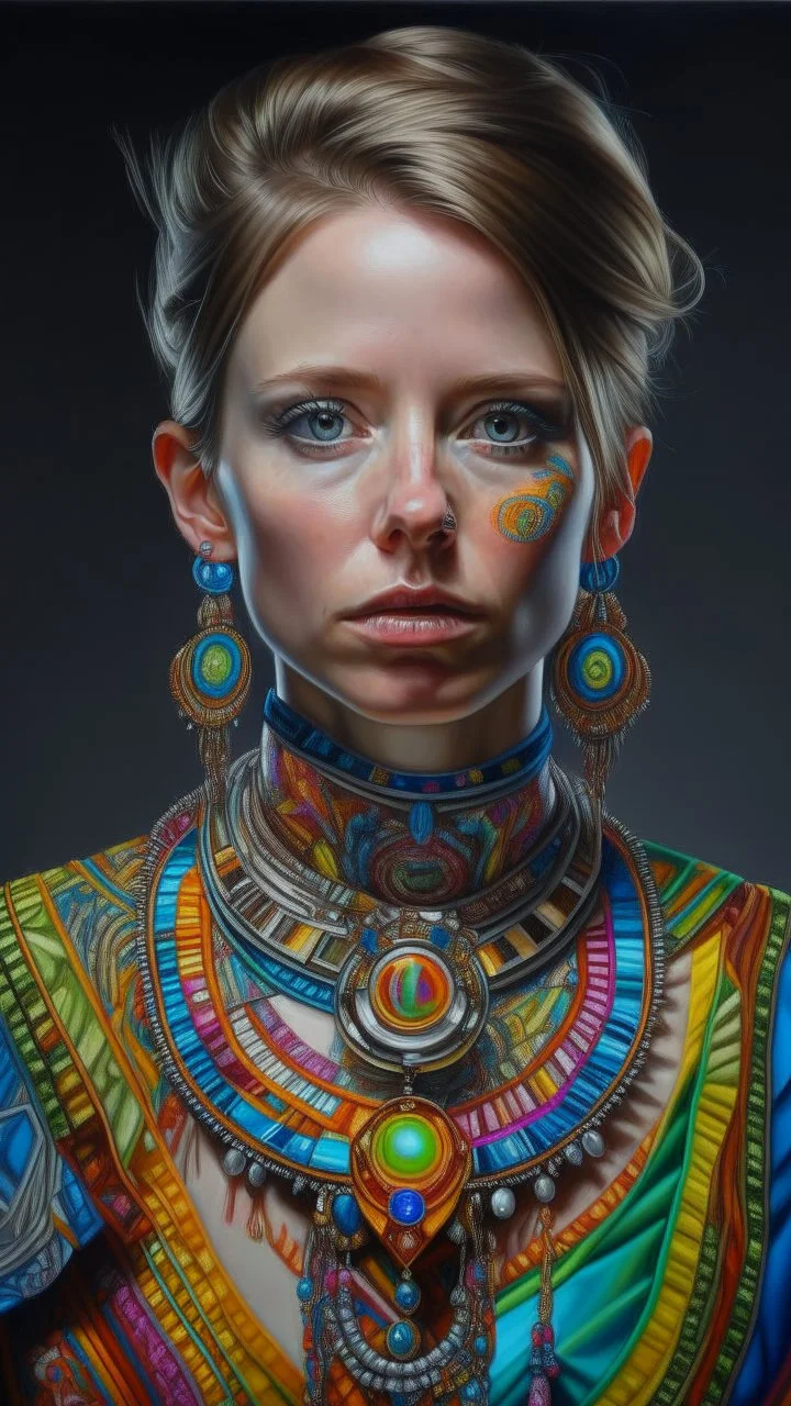 Hyperrealistic portrait of a beautiful woman wearing intricately detailed colorful clothing and futuristic jewellery.