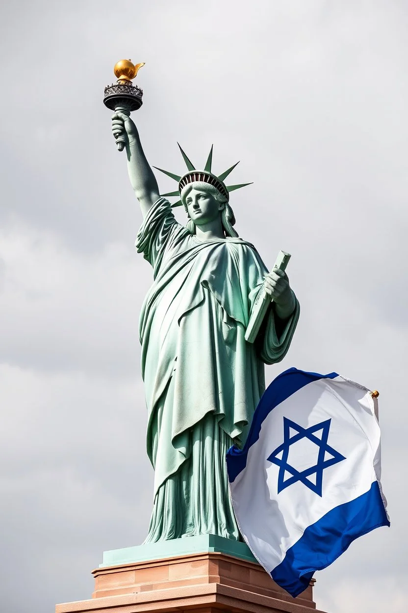 Statue of Liberty with a bazooka and the flag of Israel.