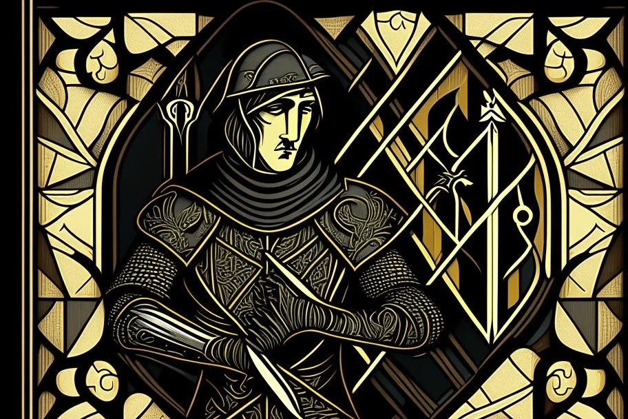 Stylized Medieval European knave, In the style of Tarot and Art Deco, black colours