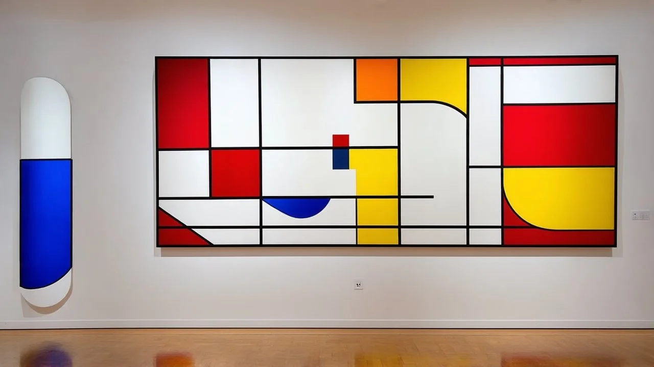 Abstract postmodern art piece, vibrant colors, geometric shapes and patterns, by Piet Mondrian and Wassily Kandinsky, (long shot), minimalistic style.