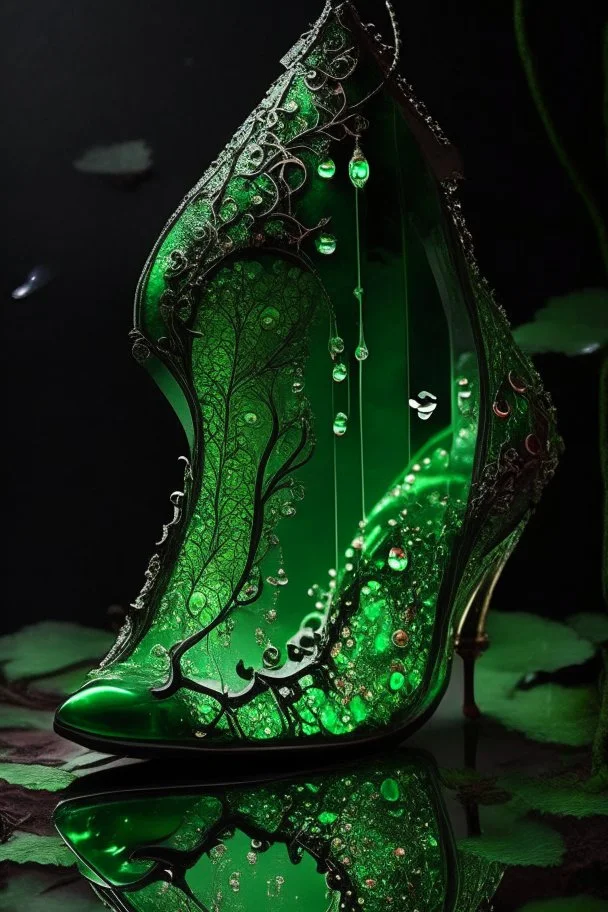 dark fantasy, intricate cover, a whimsical fairytale, translucent shoe made of green glass with drops of blood underneath