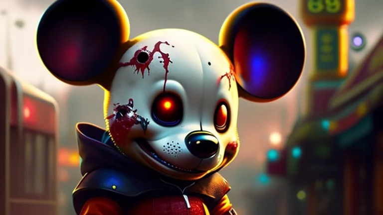 zombie mickey mouse hybrid, photorealism, movie screen capture, horror, sci-fi, retrofuturism,