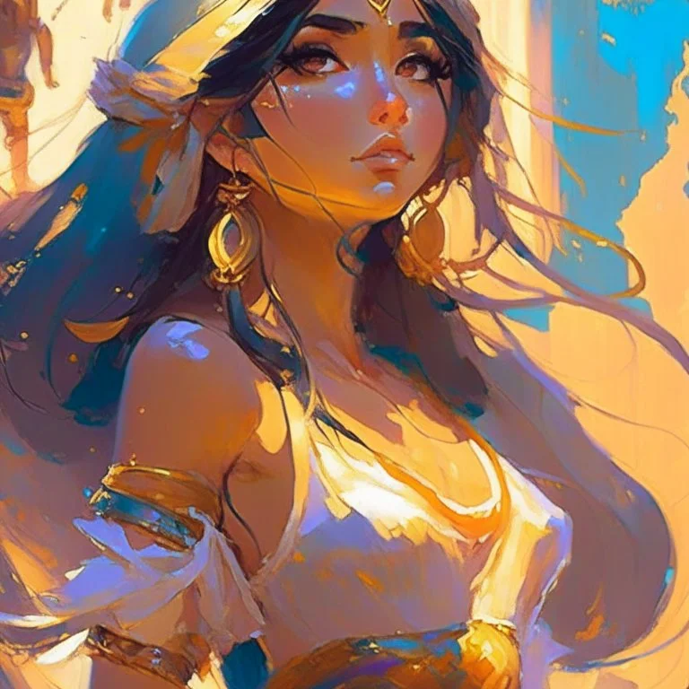 cute anime disney princess jasmine, key visual, glamour,sceane from princess mononoke movie, cute anime girl, dynamic pose, anime digital painting by loish + rossdraws + Pino Daeni, brush strokes, painterly, impressionist style, half painted, golden hour