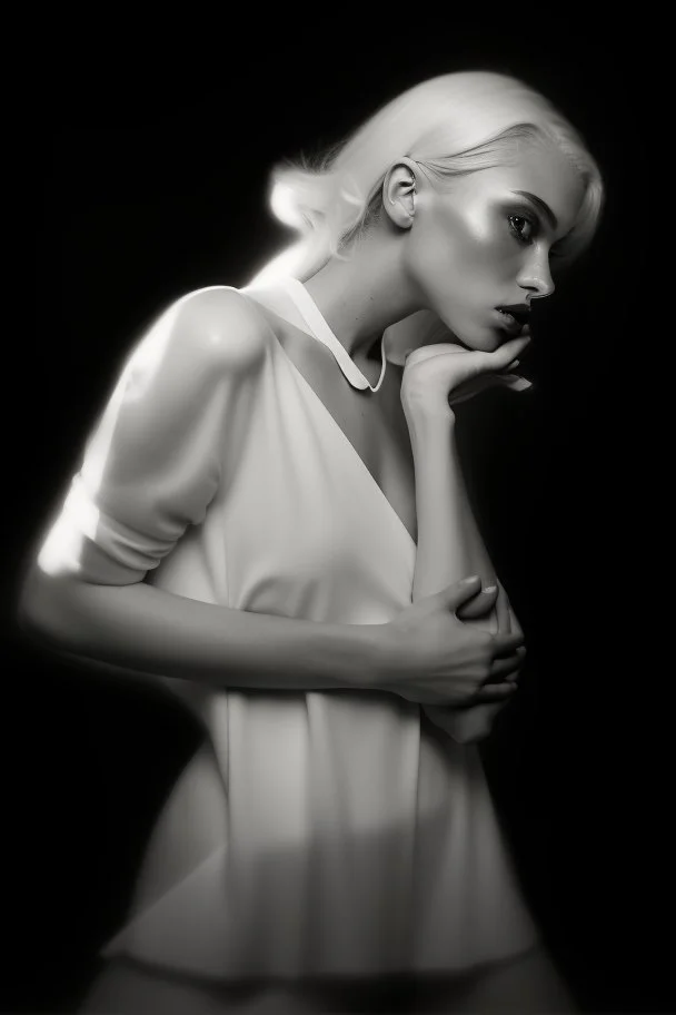 Mujer rubia iluminada, retrato medio cuerpo, iluminada potentemente desde el lado derecho, blanco y negro vaporoso, al estilo del fotógrafo Hugo Alonso