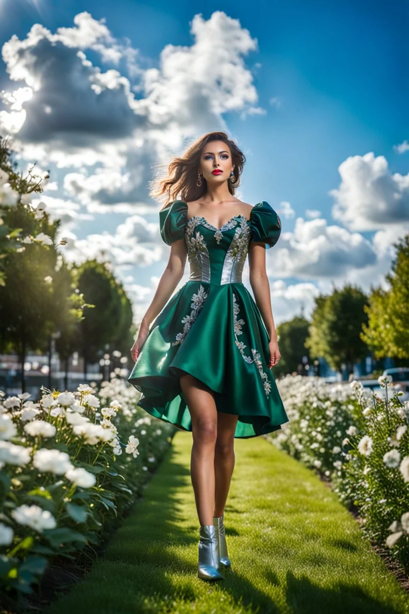 fullbody girl makeup wearing a dark green-silver victorian short dress walking in moder city of 2040 park ,flowers ,pretty clouds in blue sky,city escape.