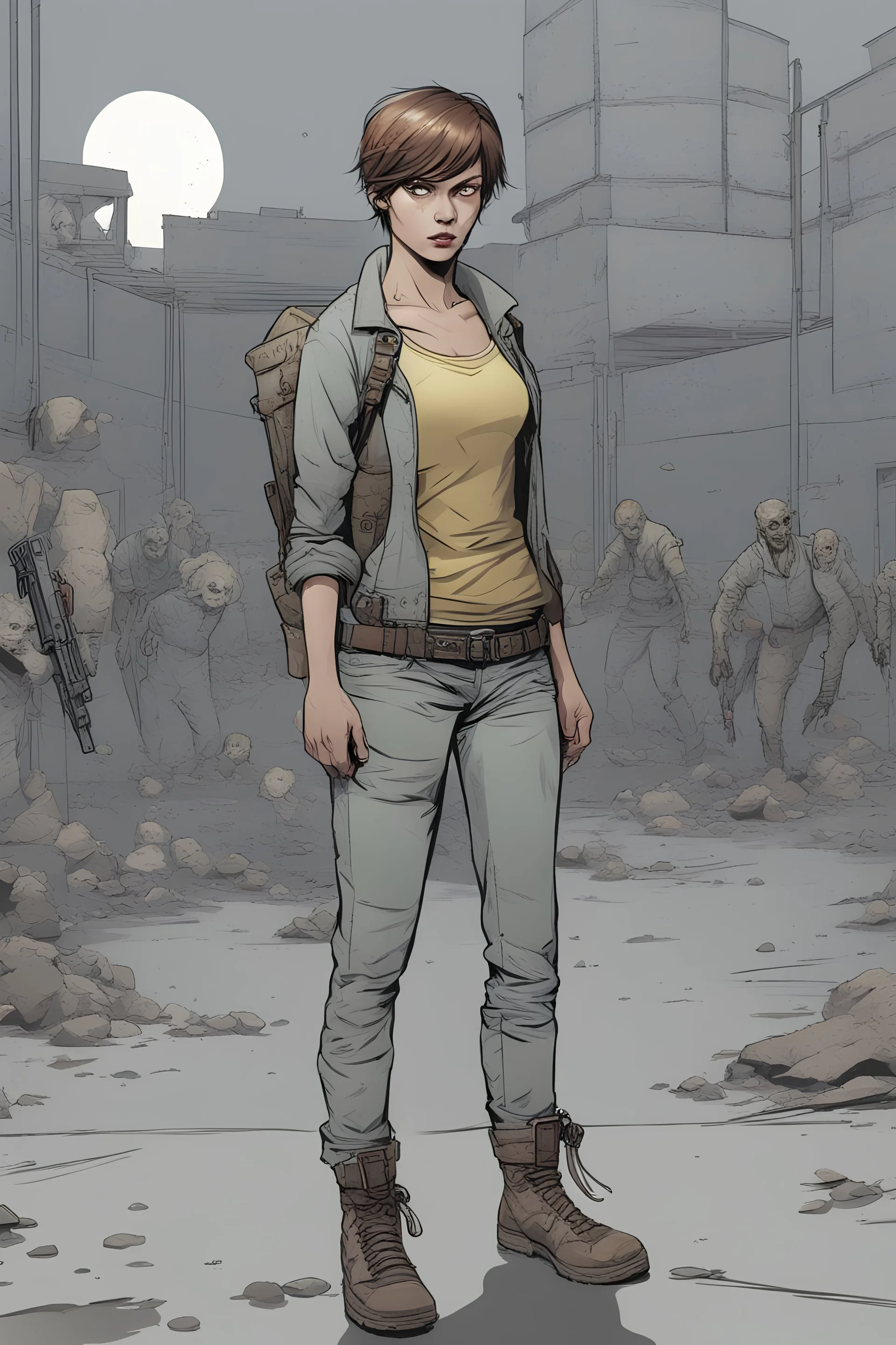 female, zombie, full body, 20 years old, looking serious, short hair, in a comic book, post-apocalypse, gray background,