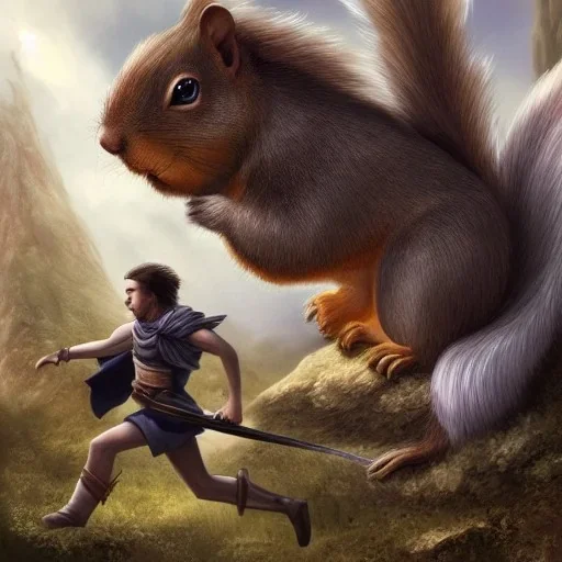 Fantasy image,d&d, person running from a Giant squirrel