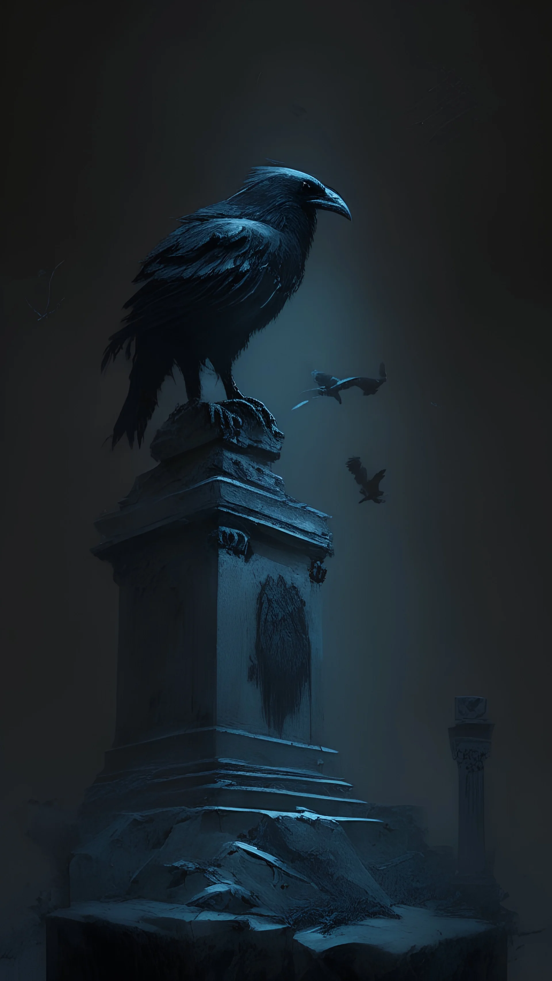 The crow is standing on a grave in front of a scary mansion in the dark. It has radiant black plumage that shimmers in the dim light. The crow looks sharp with eyes towards the unknown horizon. The tomb is built of sandstone, and is decorated with a rickety statue of a former king. The crow swayed gently in the cold wind, remnants of snow could be seen on the distant peak in the mountains. The desired effect is a sense of mystery and hidden horror in the scene, with emphasis on the details