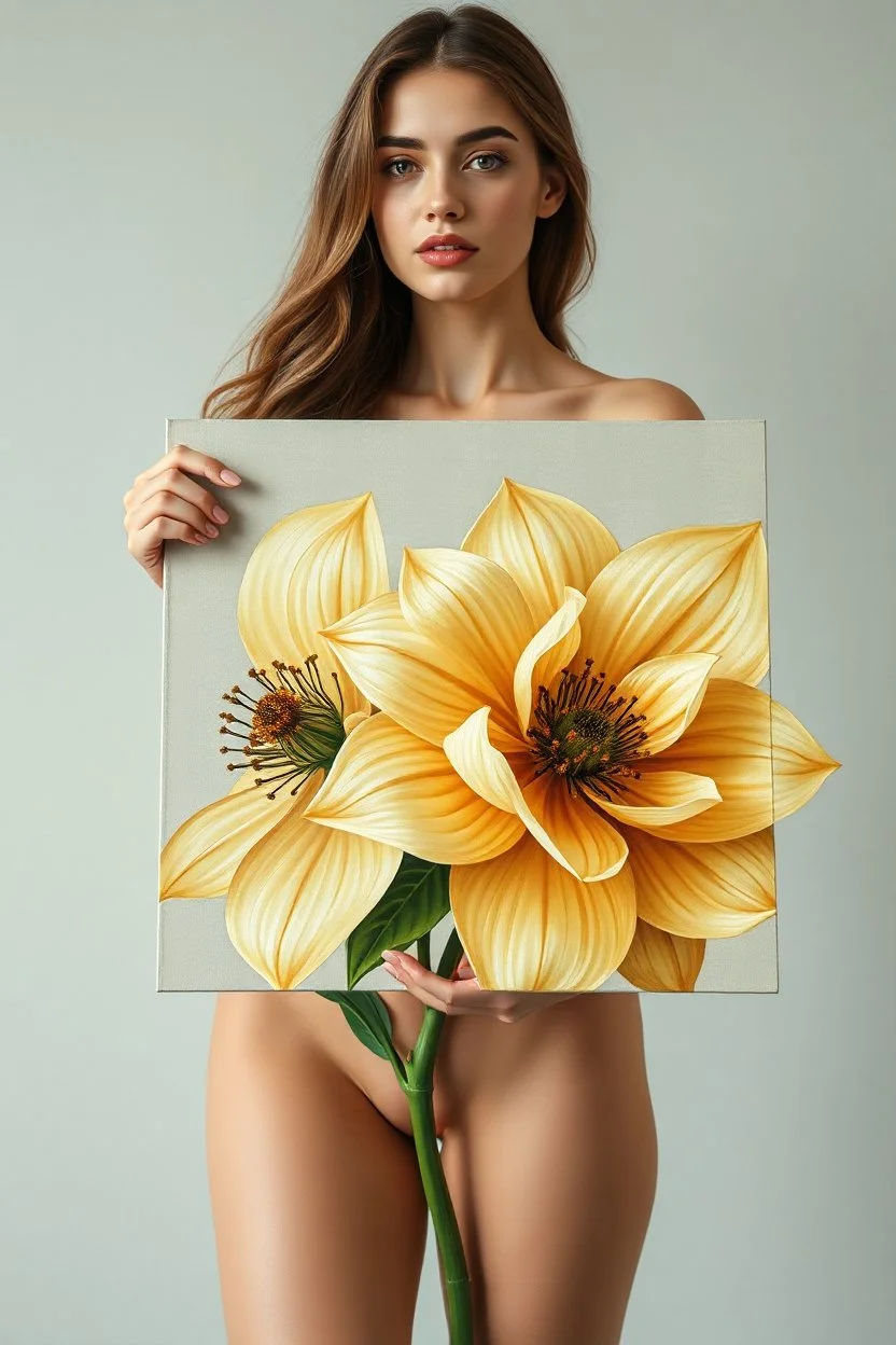 a full body beautiful lady with A detailed painting of one large, cream-colored flowers in the style of acrylic paint in her hand ,full body shot
