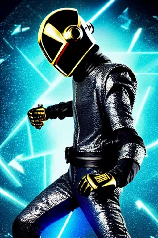 Metallic Cyber-punk man with camera-mask, old AKG-style headphones, golden rings. Fencing mask covers man's cheeks. Good body shape. Body and head full of integrated old-fashioned cameras. Ancient silver telephone attached to perfect body, trunk. 5th dimensional Escher tiling background. Daft Punk, Tron Movie. Matrix movie, black leather jacket, tippet. Black latex areas in black leather surfaces body. 1990's pimper. Ancient AKG-microphone as mouth. strong fear or disgust of closely packed holes