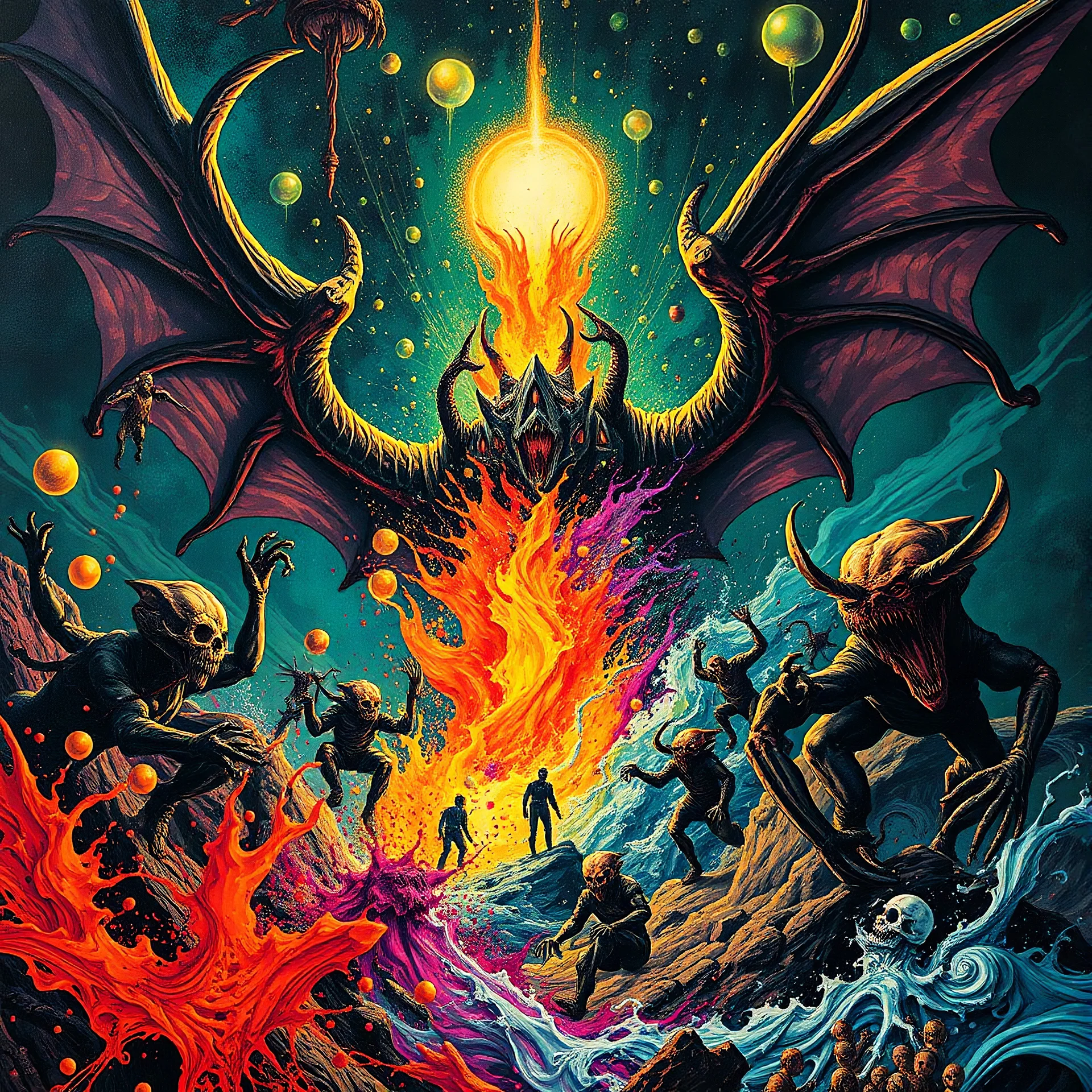 a high definition screen shot of a ancient comic book cover detailing the creatures found on other worlds, retrofuturistic, phototrealism, Macabre Rapture End of days Revelation scene, isanely detailed matte oil painting, sinner apotheosis,diagonal composition, unbalanced, abstract surreal horror, eerie, scary warm a colorful splash of steampunk bubbles , amazing splashscreen artwork, photoshop water art, liquid painting, swirling paint colors, ink splash, physics splashes of colors, colorful sw