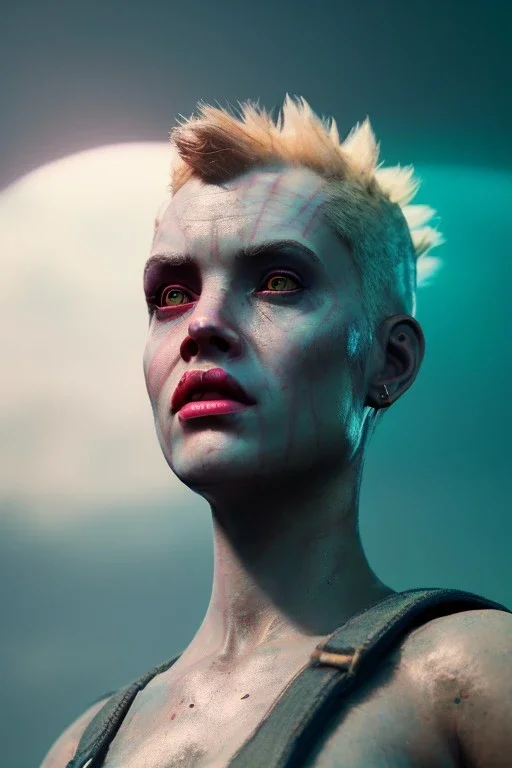 Fashion Portrait, tank girl, make up, natural busty, retro futuristic style, glow eyes, cinematic, Ultra realistic, wide angle view, soft color, highly detailed, unreal engine 5, RTX, ultra detail, volumetric lighting, 3d, finely drawn, high definition.