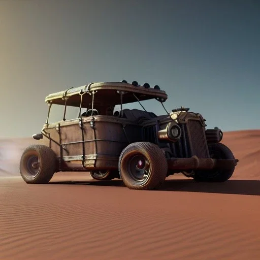 3d rendering. Steampunk futuristic car. Buried in desert sand. Lost in Time