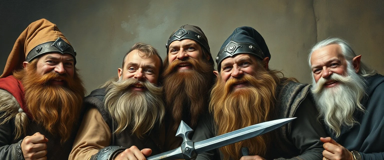 pin hole cam, master oil painting by Rembrandt, family portrait of smiling bad ass warrior clad muscle sturdy buildt deep rock metal dwarves in fine clothes and with ice picks laughing
