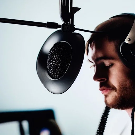 PORTRAIT ANIMATEUR RADIO FOU DANS UN STUDIO, CASQUE RADIO SUR LA TETE, MICRO