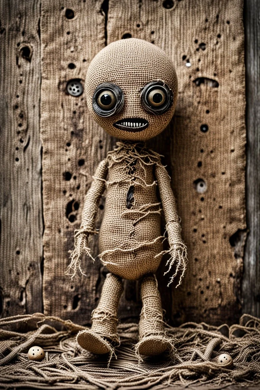 creepy cute burlap doll with scared face, its body is dirty, holey, cracked old burlap, its big head is made of burlap, its two eyes are made of coat buttons, there are stitches on its body , it sits in the corner of a dilapidated, dirty room in a dilapidated house, a spider crawls towards him on the floor, low lighting, detailed, thriller, eerily impressive image