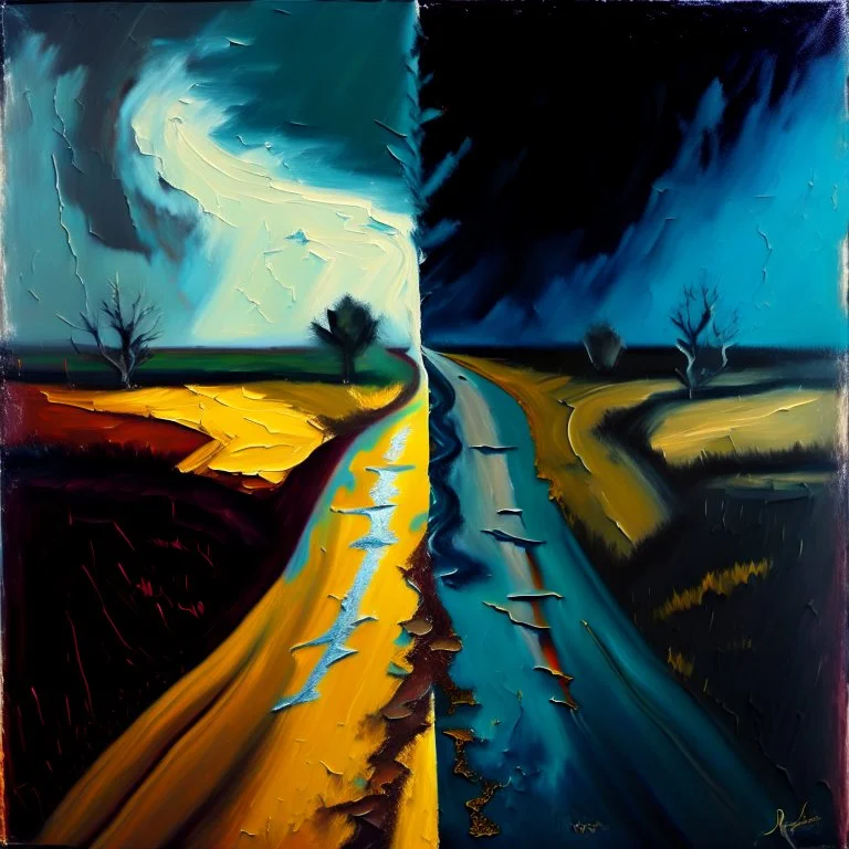 two roads diverged , art, oil colors