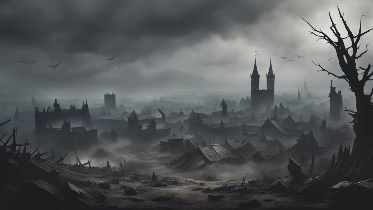 an apocalyptic flat landscape covered in dark gray dust. destroyed medieval city in the far distance. zombie dragons. dark grey mist. seen from the ground. fantasy, horror. no trees