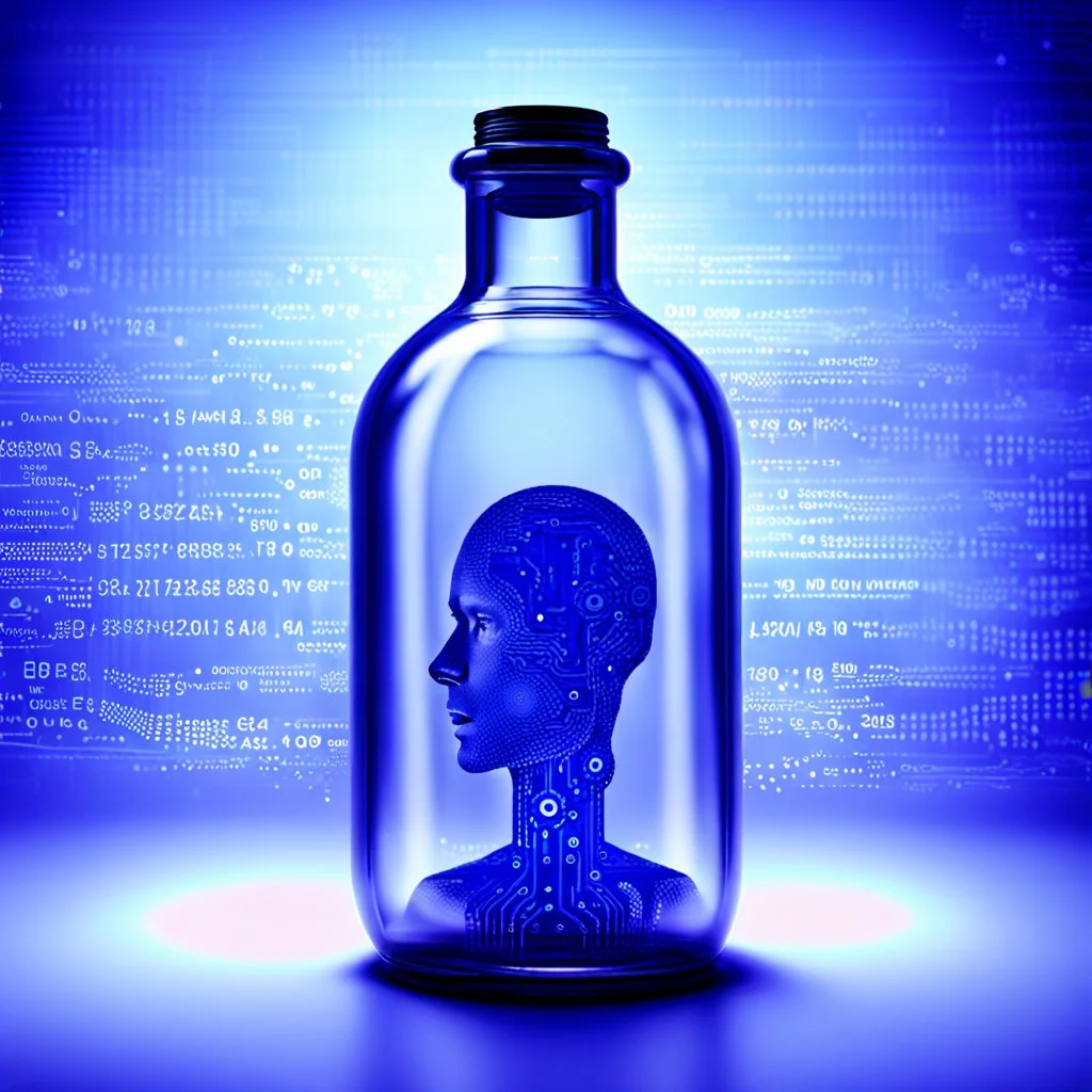 A digital message in a glass bottle. The message is the creation of artificial intelligence.