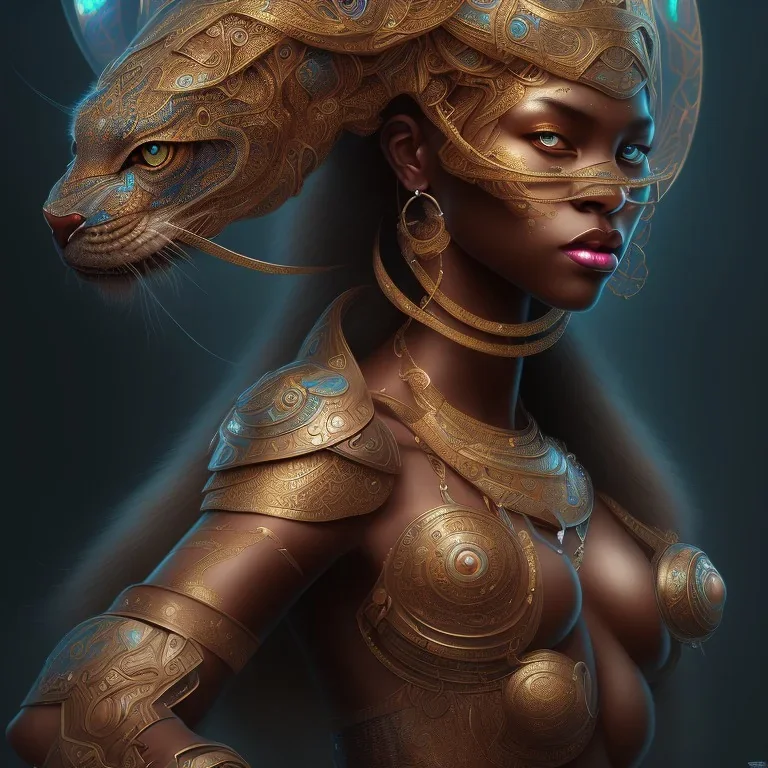 sango fantasy, fantasy magic, intricate, sharp focus, illustration, highly detailed, digital painting, concept art, matte, masterpiece head sexy lady body black African beauty space lady black leopard skin African space night