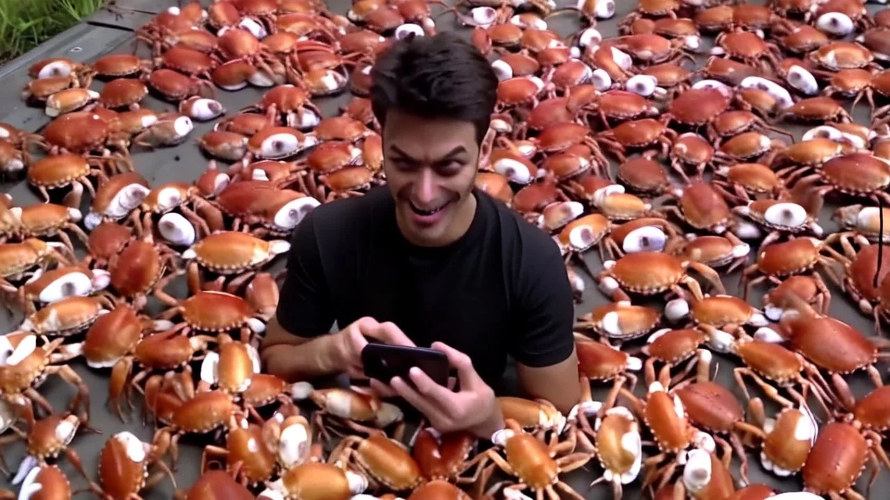 guy with creepy smirk watches censored videos on smartphone surrounded by tiny crabs