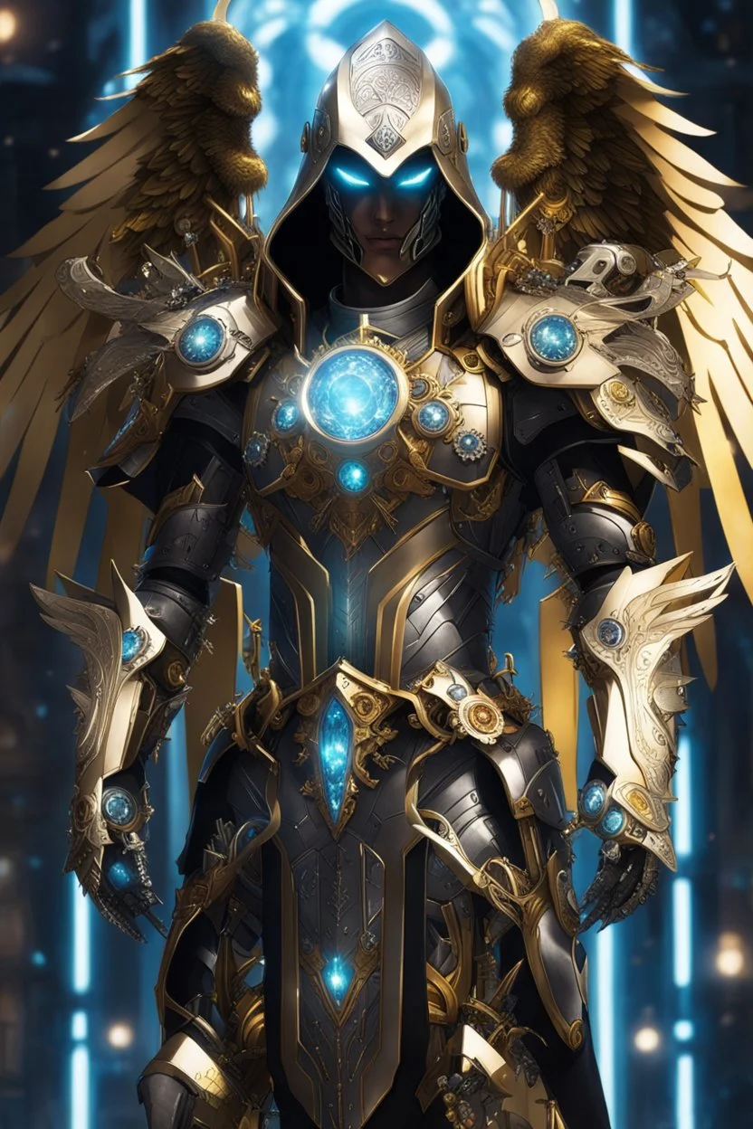 Full bodyMonster with Multiarms, hoodie, cover face, crystal sword, crystals arm, galaxy face, solo leveling shadow artstyle , high details, intricate details, highly detailed Man Angel cyborg straddle wings, using traditional armor,detailed, intricate,gears cogs cables wires circuits, gold silver chrome copper