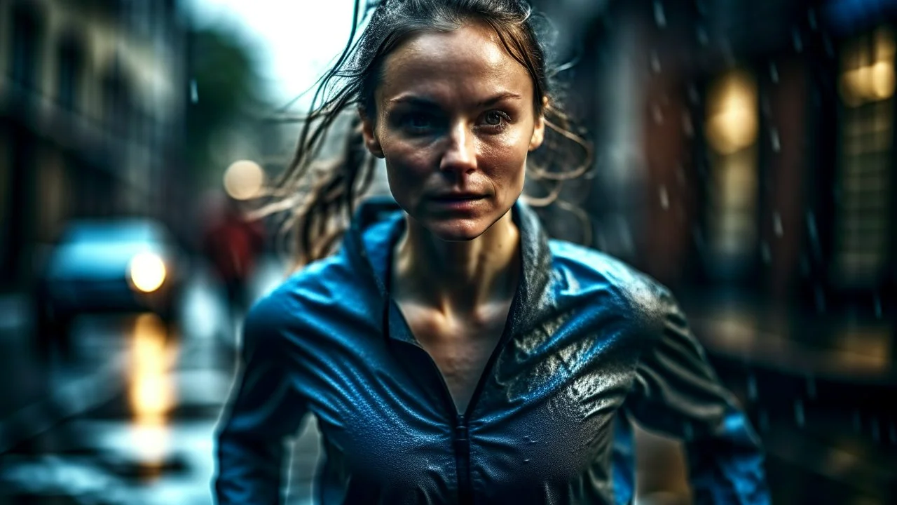 WOMAN RUNNING IN THE RAIN,, portrait photograph, hair, (sultry flirty look), ((gorgeous symmetrical face)), cute natural makeup, realistic, concept art, elegant, highly detailed, intricate, sharp focus, depth of field, f/1. 8, 85mm, medium shot, mid shot, (((professionally color graded))), sharp focus, bright soft diffused light, (volumetric fog),