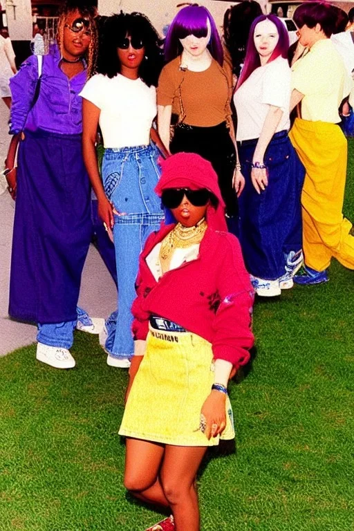 year 1996 denim fashion. Loose skirt, low waist. Colors: denim blue, blue, purple, cream, khaki, light green, lilac, plum, orange, terracotta, red, light yellow, pink, dark blue, beige. Cheetah pattern. Gwen Stephani, Missy Elliot, Shirley Manson.