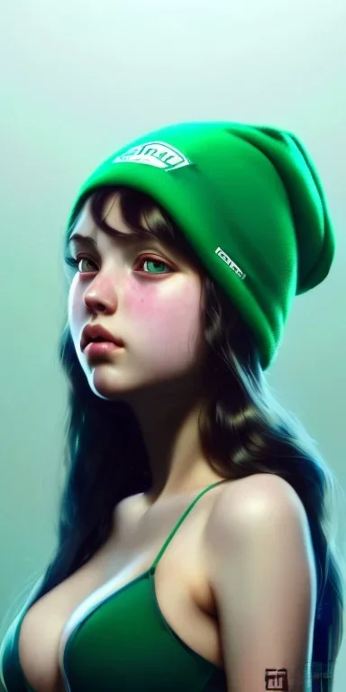 girl, cute, big boobs , beautiful, long hair, wavy hair, green hair, blue eyes, green beanie, green suimsuit, black tee shirt, green shorts, head and shoulders portrait, 8k resolution concept art portrait by Greg Rutkowski, Artgerm, WLOP, Alphonse Mucha dynamic lighting hyperdetailed intricately detailed