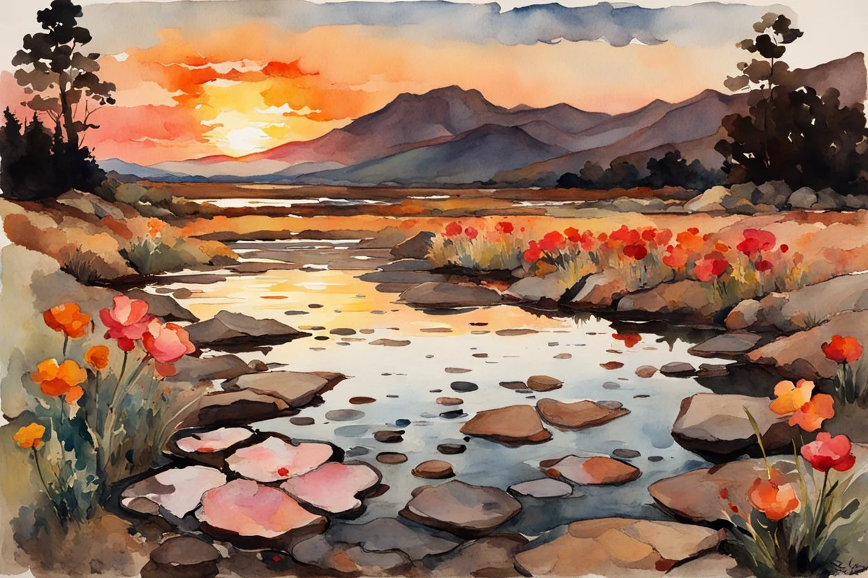 Amazing Sunset, flowers, puddle, rocky land, mountains, epic, winslow homer watercolor paintings