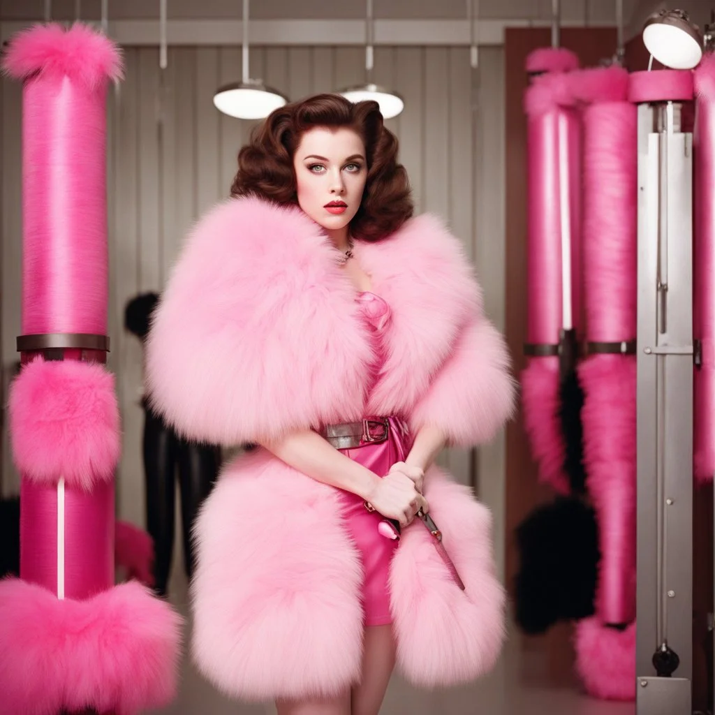 high end pink fluffy fur Kat Dennings poses with pink fluffy fur weapons in a training room, ready to fight, vintage 1980's photo