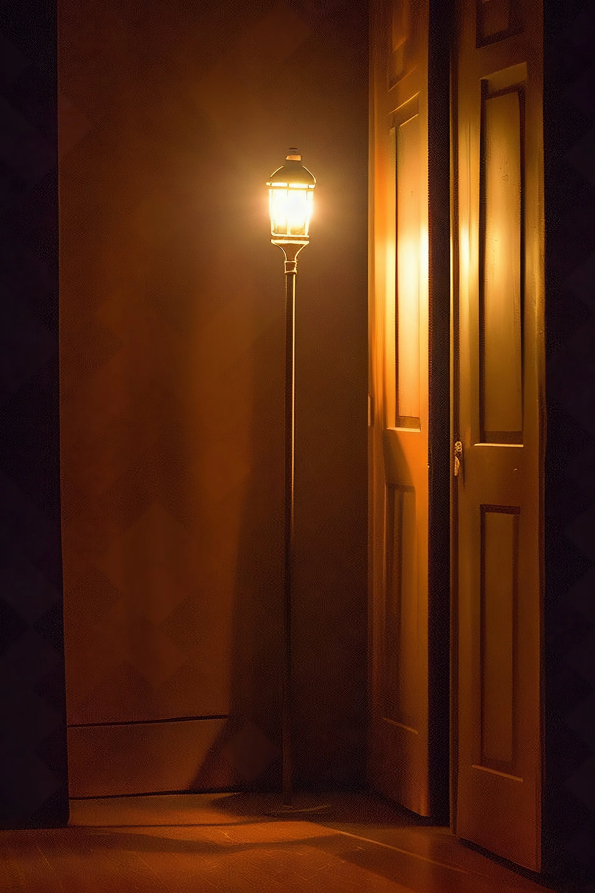 scene for a theatre play where the stage is dark and empty, the only source of light is a vintage house lamp, a giant open book standing up and a fairy door