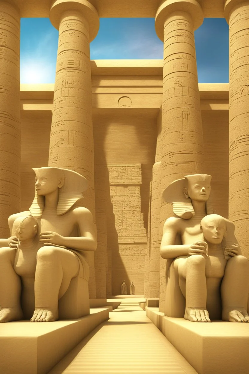 An extremely detailed photorealistic image depicting the ancient astronaut theory, featuring {alien beings interacting with ancient human civilizations, advanced technology amidst ancient structures}, set in {an ancient Egyptian temple, with hieroglyphs and monumental statues}. Hyper-realistic, inspired by the works of {Erich von Däniken, Giorgio A. Tsoukalos, David Hatcher Childress}. Shot with a high-resolution camera, using a {wide-angle lens}, under {natural sunlight}. Ultra-high-definition,