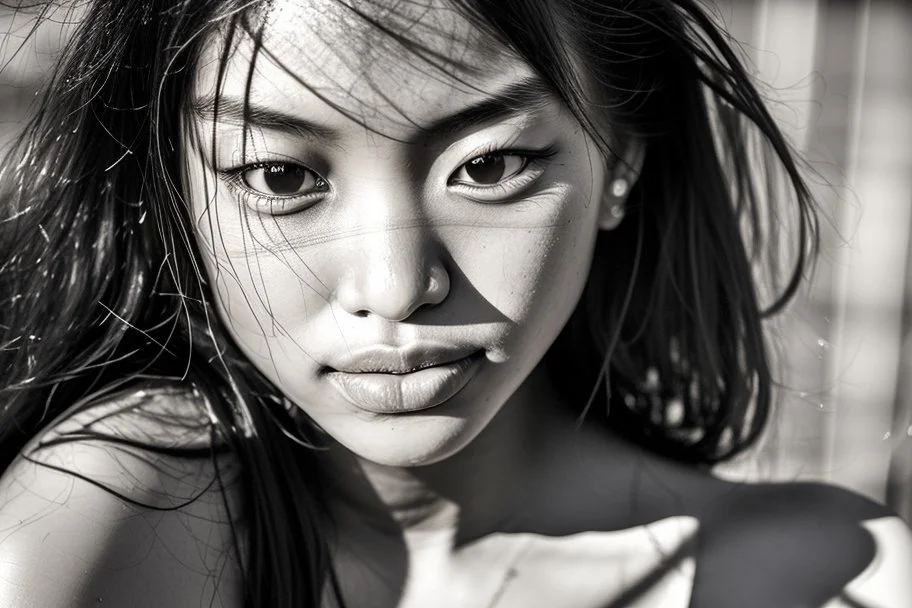 high resolution) (portrait), ( latino Asian girl), (harsh light), (intense shadows), (contrasting tones), (close-up), (cheerfull expression), ((emphasized features)), striking eyes, (unique angle), (bold composition), (intense mood), ((contoured features)), (strong personality), (realistic skin texture), (professional photography), (edgy fashion), (creative makeup), ((intense gaze)), (fierce beauty), (sharp details), ((fashion model)), ((high cheekbones)), (dark brown eyes)