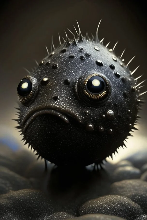 Solid spherical creature, black eyes, very small mouth, lighting body, The creature is steel , high details, stunning realistic photograph