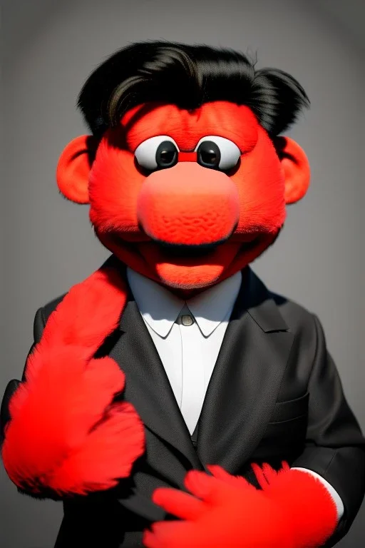 Waist up muppet Portrait, Kim Jong-un muppet doll, black suit, photo studio, red background, unreal engine 5, concept art, art station, ray tracing, lumen lighting, ultra detail, volumetric lighting, 3d.